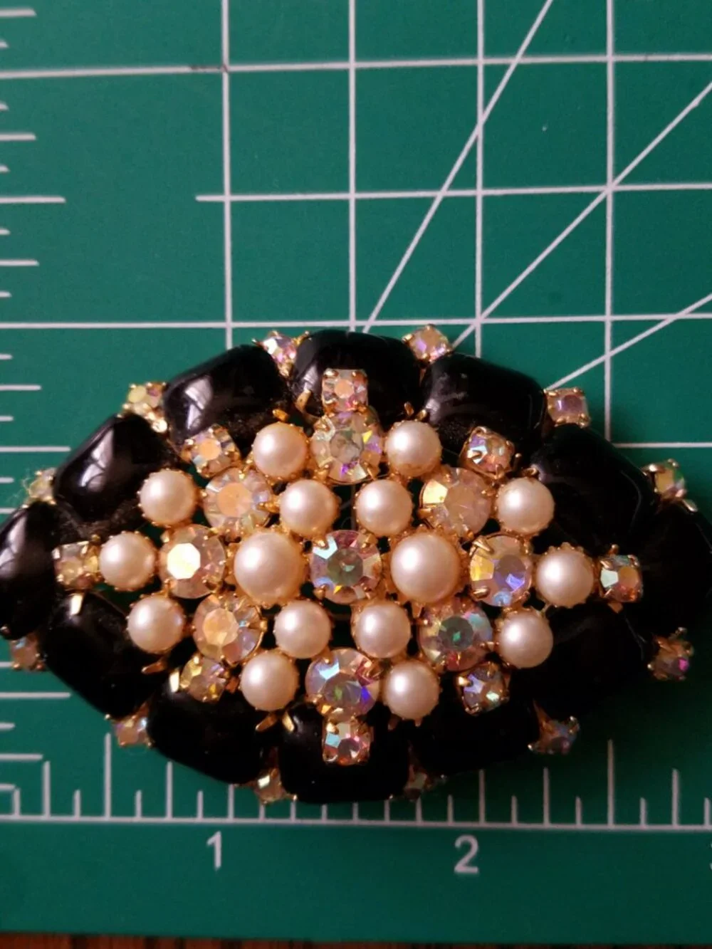 Vintage Black Glass with Faux Pearls and Rhinestone Domed Brooch